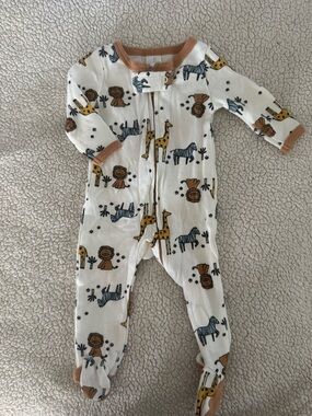 Cream Safari Print Footed One-Piece with Brown Trim